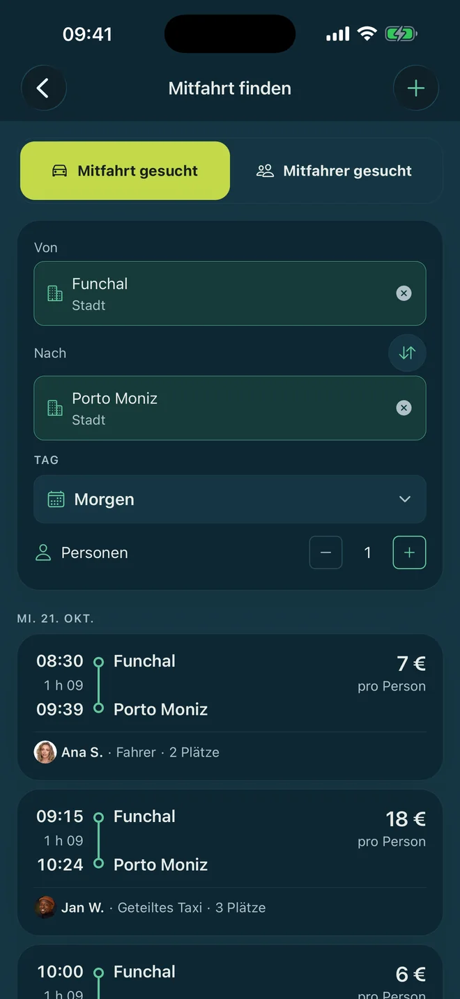 Der Bildschirm „Mitfahrt finden“ in der App Madeira