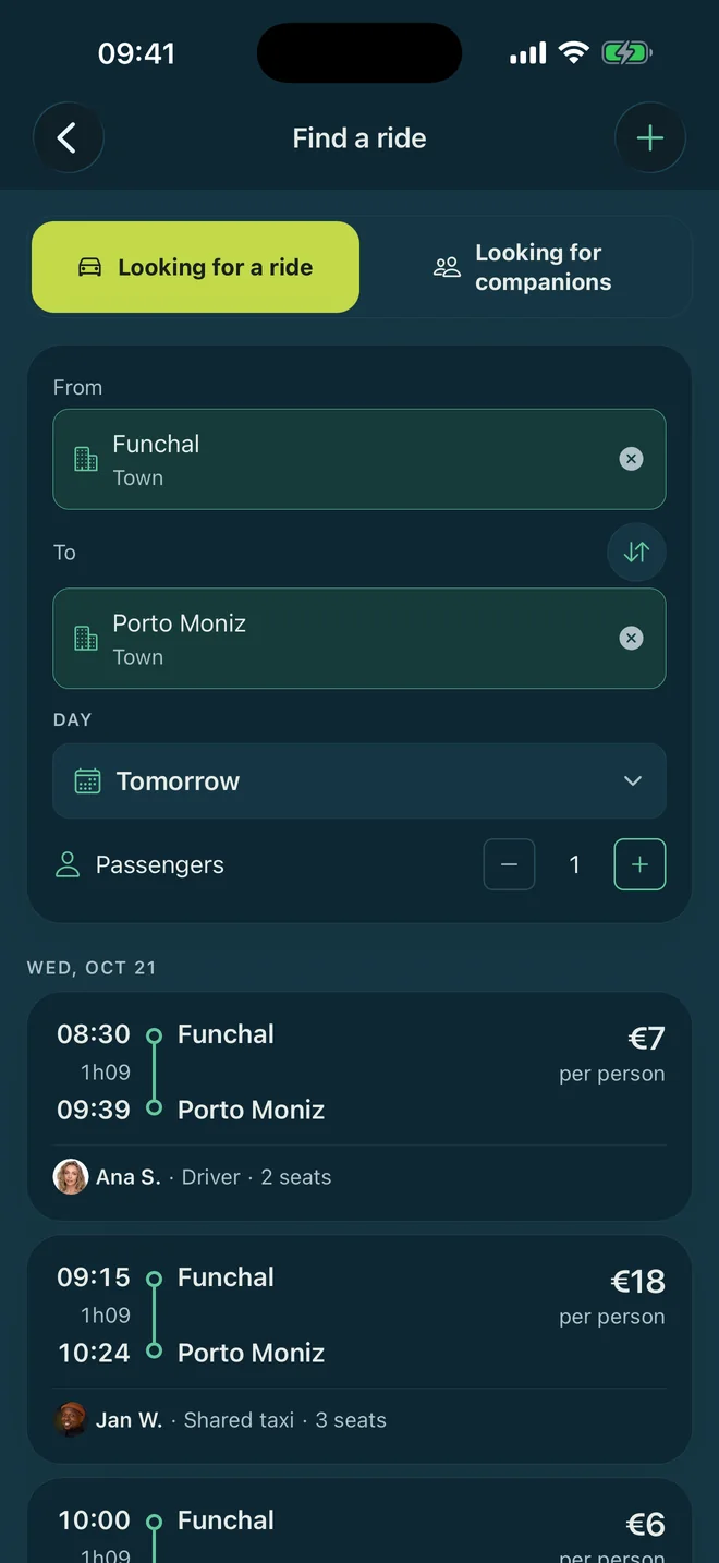 The Find a ride screen of the Madeira app