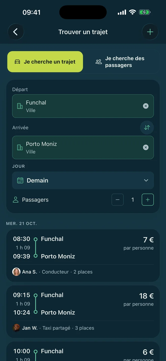 L’écran « Trouver un trajet » de l’app Madère