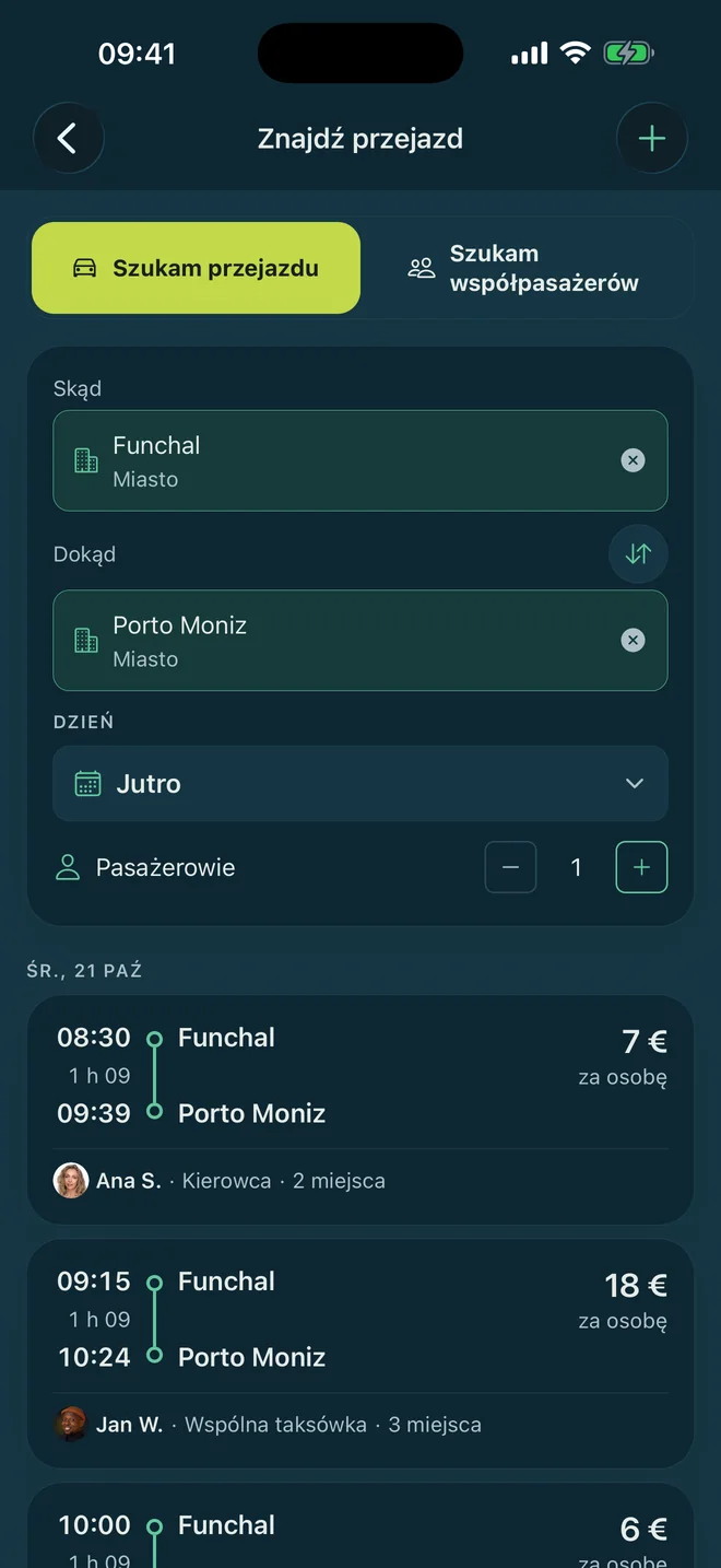 Ekran „Znajdź przejazd” w aplikacji Madera